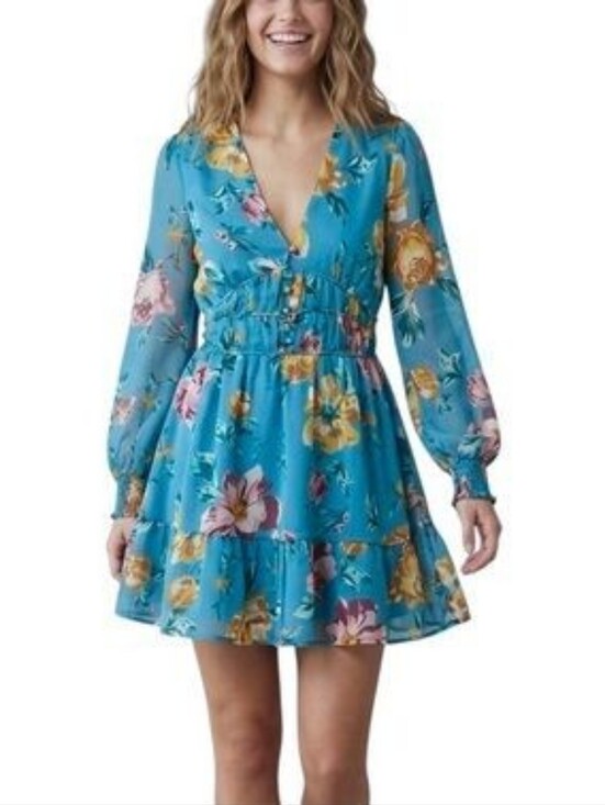 Patrons of Peace Dresses & Skirts - Patrons of Peace Small Blue Floral Button Corset Long Sleeve Mini Dress